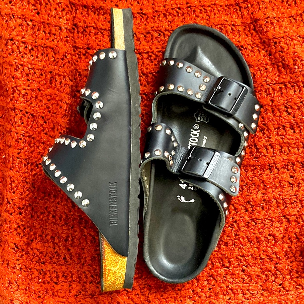 Birkenstock Arizona Black Leather Studded Cone with Leather Lined Footbed